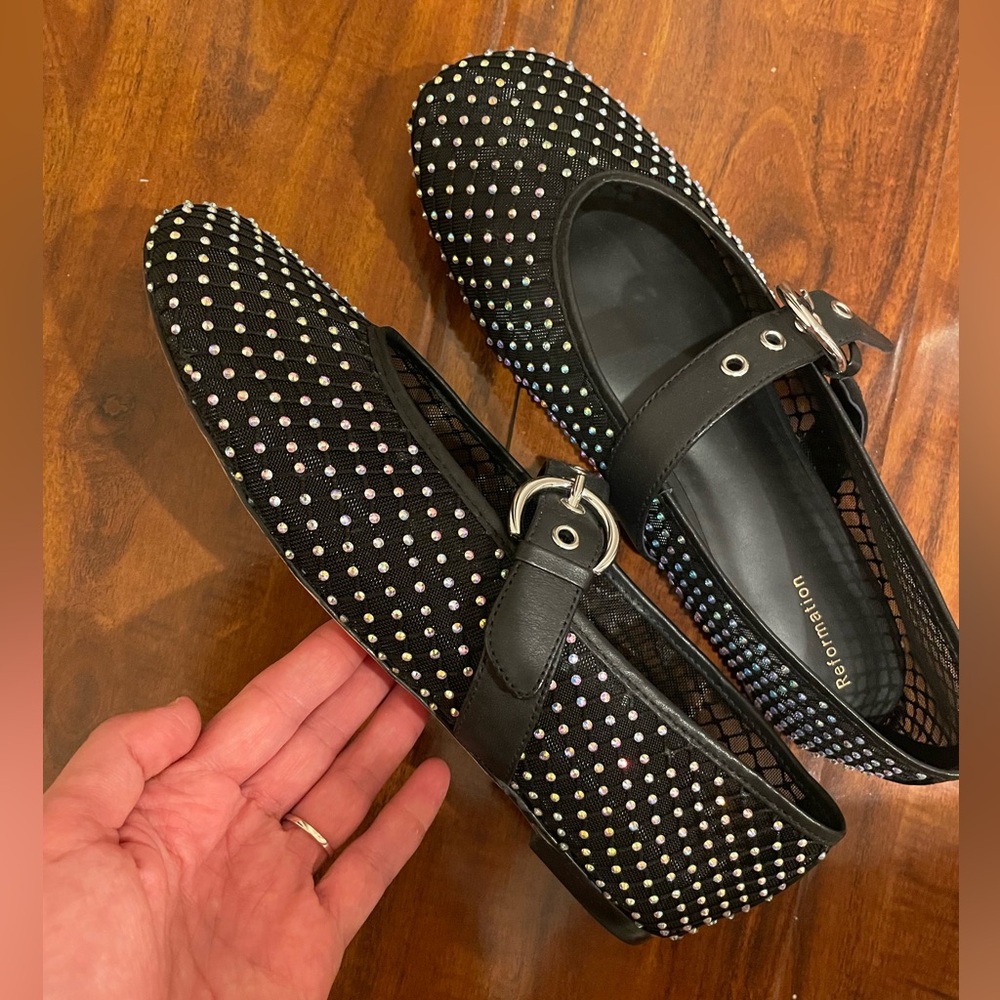 NWOT Reformation Bethany Black Rhinestone Mesh Ballet Flats - Picture 6 of 7